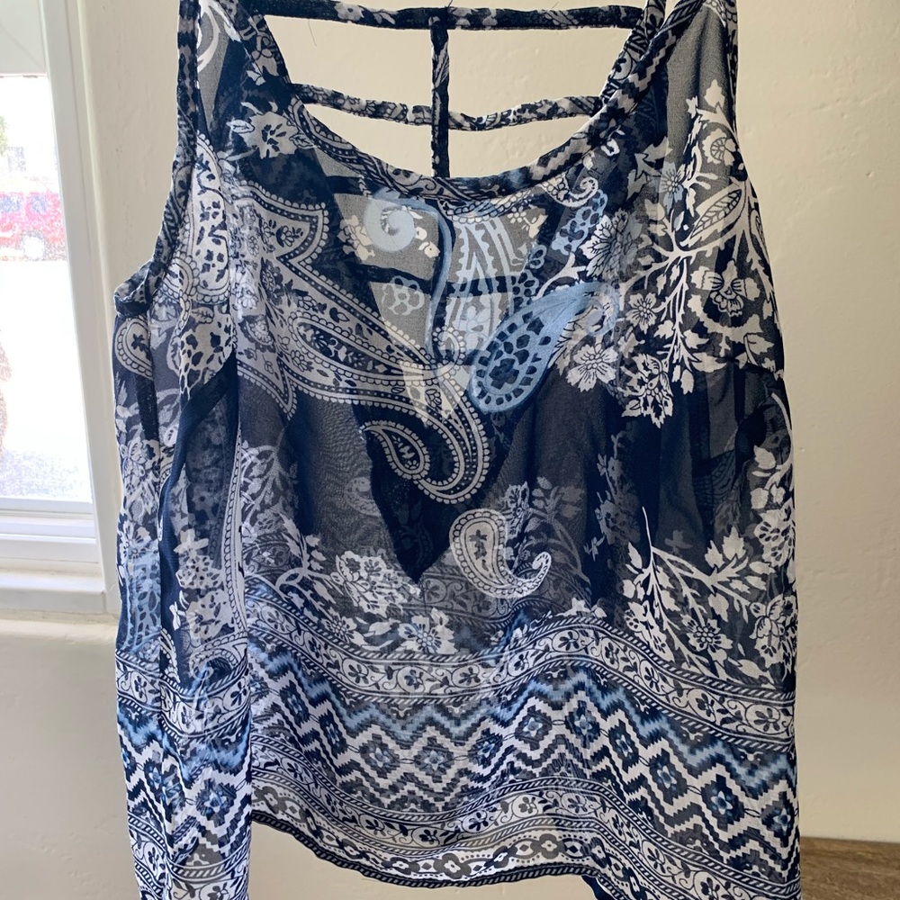 See through dark blue and white tank